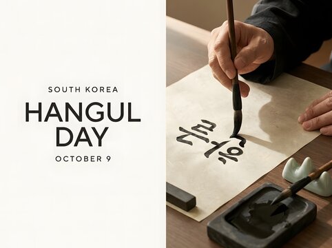 A person practicing traditional korean calligraphy with brush and ink for the celebration of hangul day