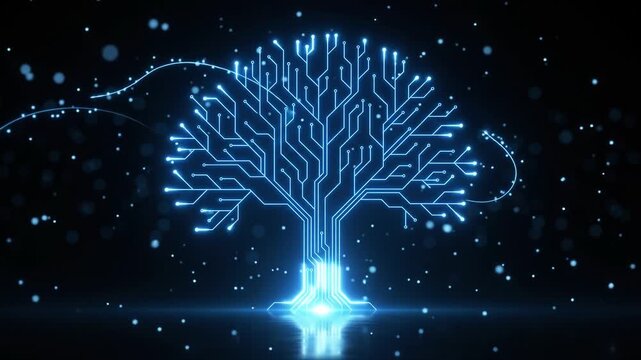 Glowing Digital Tree Circuit Board Animation with Floating Data Particles and Blue Neon Light Streaks