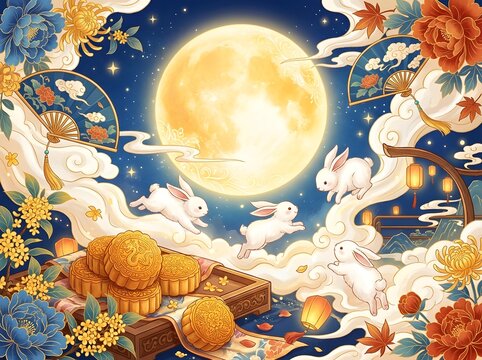 Whimsical Moonlit Fantasy Feast Featuring Playful Rabbits Leaping Amongst Golden Mooncakes Under Glowing Lanterns And Celestial Floral Decor