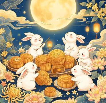 Whimsical Moonlit Gathering of Adorable Rabbits Celebrating with Golden Mooncakes Under a Radiant Full Moon and Glowing Lanterns