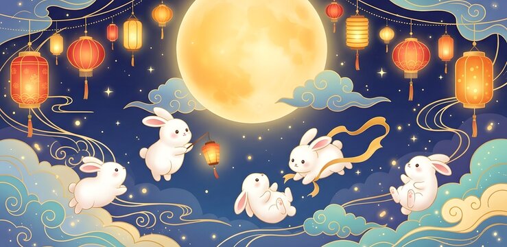 Whimsical Moonlit Sky with Floating Rabbits and Glowing Lanterns in Ethereal Clouds, Vibrant Celestial Festival Scene