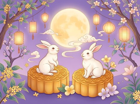 Whimsical Moonlit Scene Featuring Two Adorable Rabbits Sitting on Intricately Carved Mooncakes Beneath Glowing Lanterns and a Radiant Full