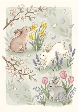 Whimsical Watercolor Rabbits Nestled Among Blooming Spring Flowers in Soft Pastel Garden Paradise
