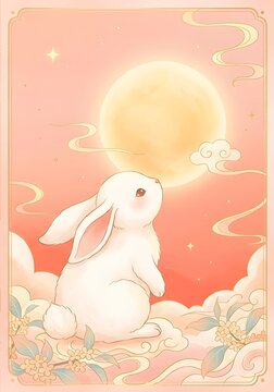 Whimsical White Rabbit Gazing at a Radiant Moon Amidst Ethereal Clouds and Delicate Floral Decorations in Soft Pastel Watercolor Style