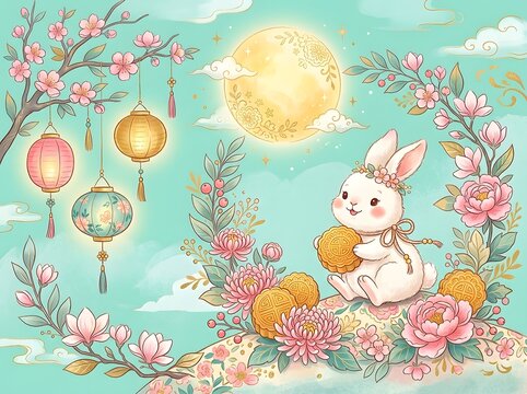Whimsical Pastel Rabbit Celebrating Lunar Festival Amidst Blossoms, Lanterns, and Golden Mooncakes Under a Radiant Moon