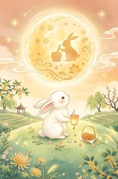 Whimsical White Rabbit Celebrates Under Ethereal Golden Moon with Traditional Lantern and Mooncakes in Dreamy Floral Meadow