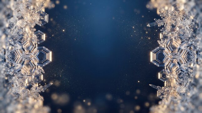 Macro ice crystals and hexagonal snowflakes forming a vertical frame on a dark blue background with glowing light particles for winter holiday greeting cards and festive marketing.
