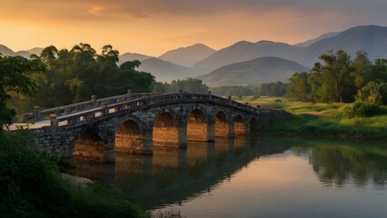 Fototapeta premium A panoramic view of the picturesque landscape in Ha Tien-Vietnam, an ancient masonry bridge spanning a peaceful river corridor preserved as an enduring symbol of regional craftsmanship and sustainable