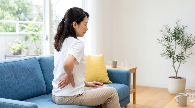 Woman sitting on a sofa and holding her lower back in pain