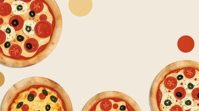 Colorful pizza pattern with olive, tomato, and pepperoni on cream background