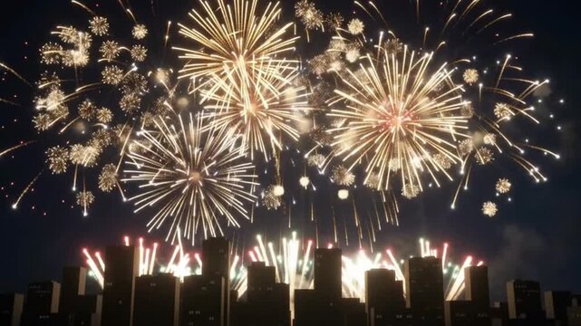 Bright colorful fireworks exploding over a dark city skyline during night celebration video footage
