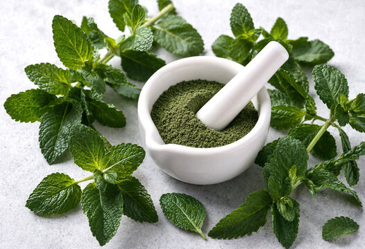 Fresh mint leaves with powder in white mortar for herbal remedies