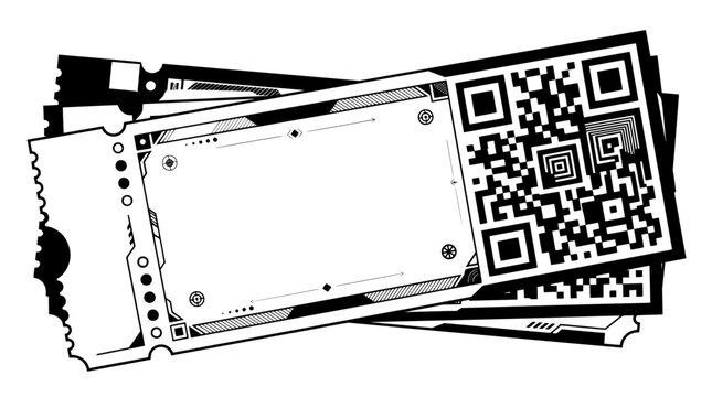 Futuristic event ticket vector template with QR code, black and white admission pass illustration, digital concert ticket stub graphic