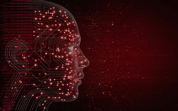 Human head silhouette profile composed of digital circuit board lines and glowing red data nodes representing artificial intelligence concept
