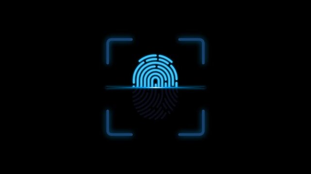Fingerprint scanning technology animation with glowing biometric identification interface, digital security verification, cyber authentication process, futuristic access control and identity recogniti