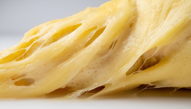 Extreme macro close-up of durian flesh, revealing creamy folds, fine fibrous strands, tiny pores and rich custard like texture.