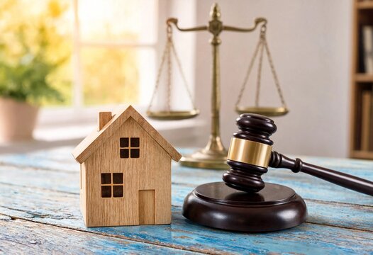 Wooden house model with judge gavel and justice scales symbolizes real estate law, property ownership, housing disputes, legal transactions, contracts, and litigation.