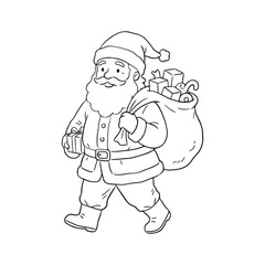 Fototapeta premium Santa Carrying a Sack Black and White Line Art