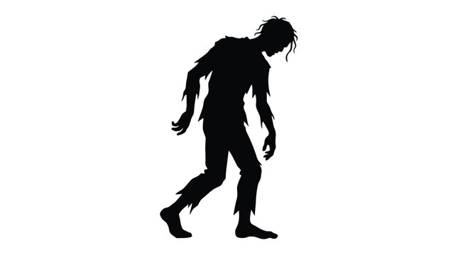 Scary walking zombie silhouette showing tattered clothing with messy hair in a creepy dark monochrome style