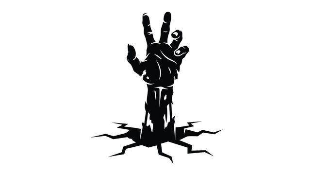 Spooky zombie hand reaching upward from cracked ground in a high contrast black and white illustration