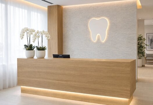 Modern dental clinic reception featuring glowing tooth logo, wooden desk, orchids, stone wall, and bright lighting, creating a welcoming professional environment for patients.