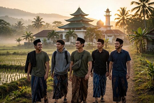 Group of modern young Indonesian santri men in sarongs and peci caps walking to a mosque at sunrise