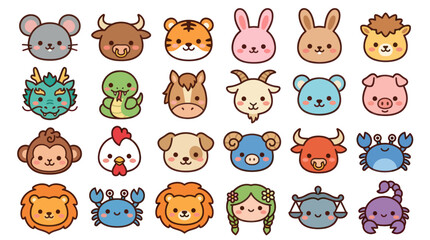 Obraz premium Cute animal faces zodiac symbols collection