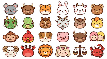 Obraz premium Cute animal faces zodiac symbols collection