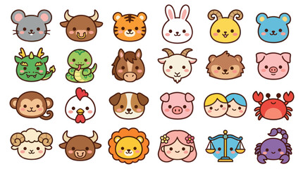 Obraz premium Cute animal faces zodiac symbols collection