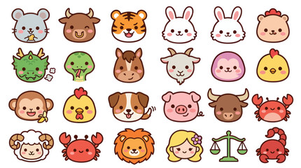 Fototapeta premium Cute animal faces zodiac symbols collection