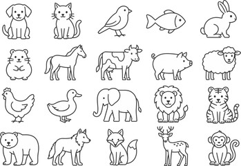 Obraz premium Animal icon set featuring minimalist line art illustrations of wild and domestic pets on a white background.