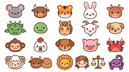 Fototapeta premium Cute animal faces zodiac symbols collection