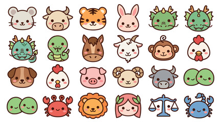 Fototapeta premium Cute animal faces zodiac symbols icons