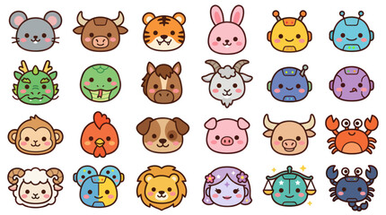 Obraz premium Cute animal faces zodiac symbols robot icons