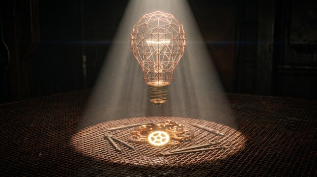 Geometric lightbulb radiating illuminated gears inside dark studio space