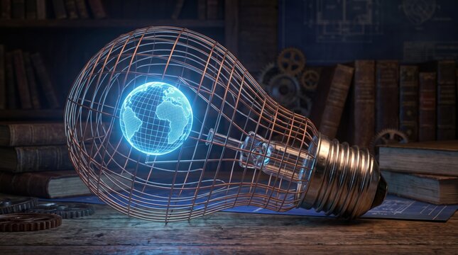 Glowing wireframe lightbulb emitting blue global data waves