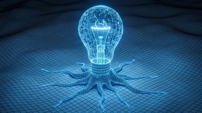 Digital lightbulb with glowing wireframe emanating from mesh network grid