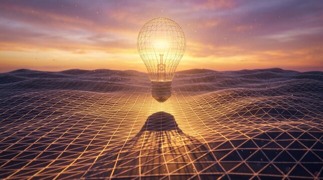 Glowing lightbulb radiates above digital mesh landscape at sunset
