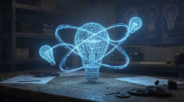 Glowing wireframe lightbulb with orbiting energy waves on workspace