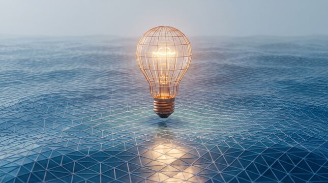 Illuminated lightbulb glowing above digital mesh grid landscape