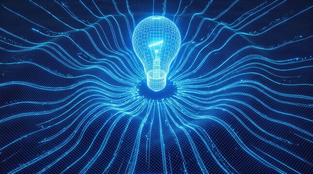 Digital lightbulb radiating bright blue energy waves, technological innovation concept
