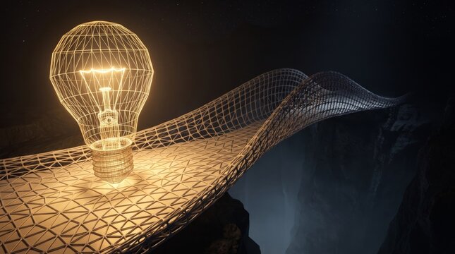 Glowing wireframe lightbulb on digital mesh landscape, innovation concept