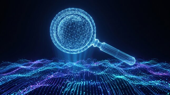 Digital magnifying glass scanning glowing data mesh network landscape
