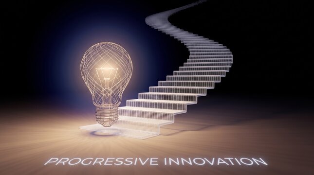 Glowing lightbulb with ascending staircase symbolizing progressive innovation