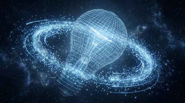 Digital lightbulb radiating particles, glowing mesh wireframe on dark blue background