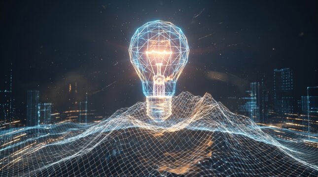 Glowing lightbulb wireframe radiates over digital mesh landscape cityscape