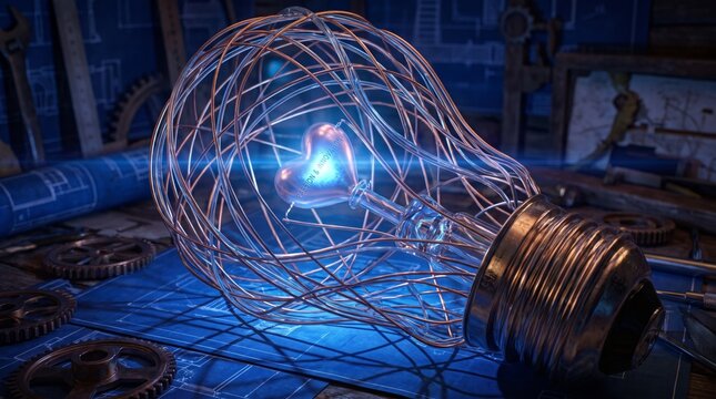 Glowing lightbulb wireframe with blue light radiating on technology blueprint