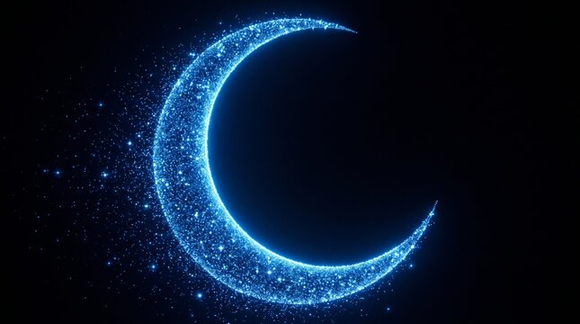 Glowing crescent moon formed by luminous particles against dark sky