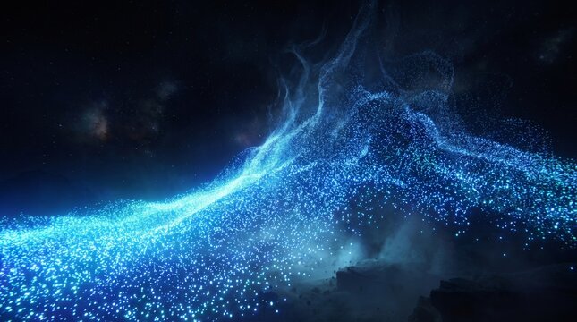 Blue light particles flowing across dark digital landscape with glowing wave topology
