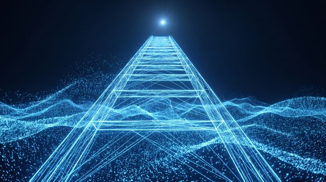 Glowing pyramid wireframe with flowing data particles, digital innovation landscape